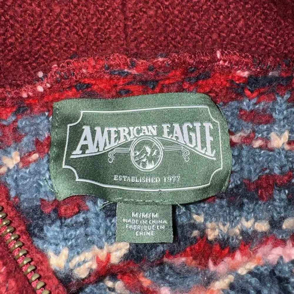 American Eagle‎ Super Soft Red Fair Isle Full Zip Up Cardigan Sweater Size Med